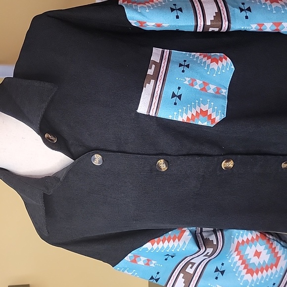 Aztec button down, teal, black long sleeve, shacket - Picture 7 of 8